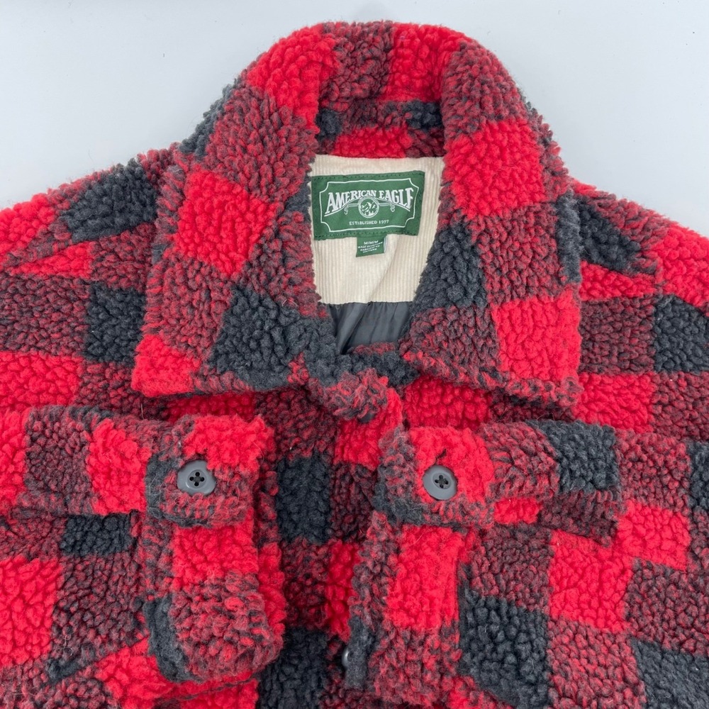 American Eagle Red Black Buffalo Plaid Sherpa Fleece Shacket Jacket Women's M